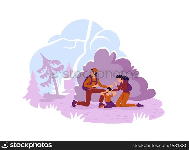Wildfire 2D vector web banner, poster. Tourist family escaping from burning woodland flat characters on cartoon background. Natural disaster printable patch, colorful web element. Wildfire 2D vector web banner, poster