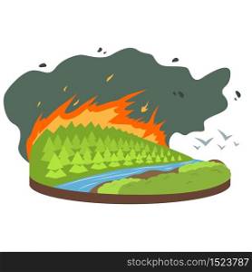 Wildfire cartoon vector illustration. Birds flying from burning forest, woods. Fire destroying woodland. Cataclysm. Extreme weather conditions. Flat color natural disaster isolated on white background
