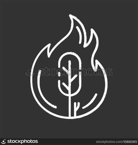 Wildfire chalk icon. Burning tree. Natural disaster. Ecological problem. Human negligence, arson. Environmental protection. Danger of fire in forest. Isolated vector chalkboard illustration