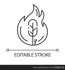 Wildfire linear icon. Burning tree. Ecological problem. Human negligence, arson. Danger of fire in forest. Thin line illustration. Contour symbol. Vector isolated outline drawing. Editable stroke