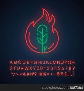 Wildfire neon light icon. Burning tree. Natural disaster. Ecological problem. Human negligence, arson in forest. Glowing sign with alphabet, numbers and symbols. Vector isolated illustration