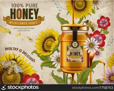 Wildflower honey ads, delicious honey dripping from top with glass jar in 3d illustration, retro flowers elements in etching shading style, colorful tone. Wildflower honey ads