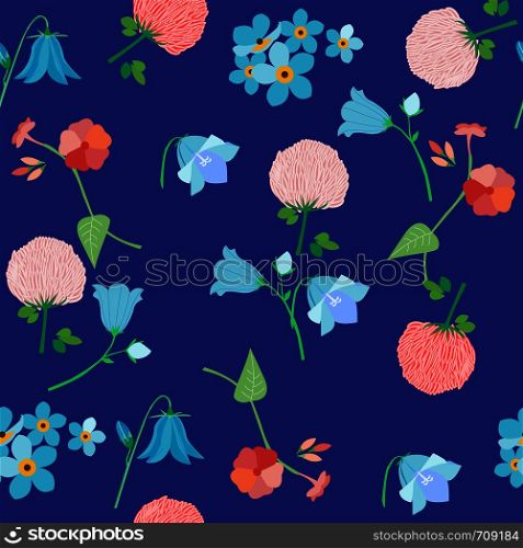 Wildflowers - bluebells, clover flowers, forget-me-nots and field carnation, seamless pattern, vector illustration