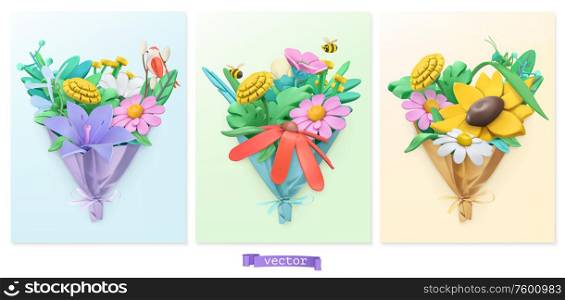 Wildflowers bouquet. Plasticine art. 3d vector icon set