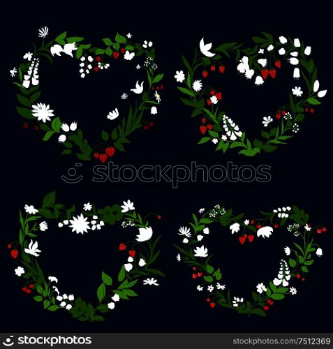 Wildflowers frames and borders with heart shaped floral wreaths, decorated by forest strawberry, raspberry and cherry fruits on dark background. Heart floral frames with forest berries