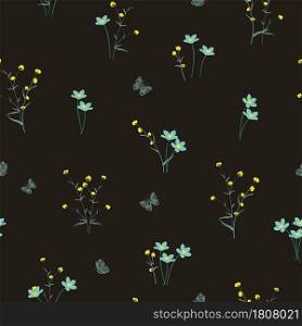 Wildflowers on yellow and soft blue tone seamless pattern for decorative,fabric,textile,print or wallpaper,vector illustration