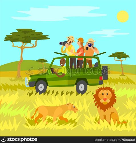 Wildlife and nature, wild animals vector, people riding in jeep car. People traveling to Africa African countries looking through binoculars, flat style. Safari Tourism in Africa, Animals and Wildlife