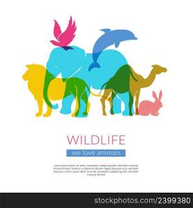 Wildlife animals and birds flat colorful silhouettes composition poster with elephant lion eagle and camel vector illustration . Wildlife Animals Flat Silhouettes Composition Poster 