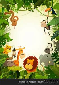 Wildlife Animals Wallpaper. Illustration of cute cartoon wild animals from african savannah, including hippo, lion, gorilla, elephant, giraffe, gazelle, ostrich and zebra with jungle background