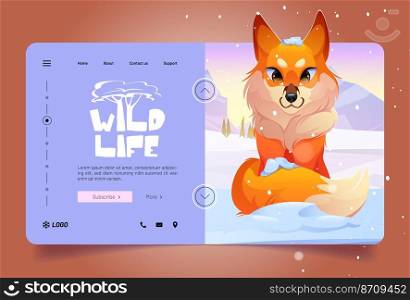 Wildlife banner with cute red fox on white snow in winter. Vector landing page of wild life concept with cartoon illustration of snow field landscape with beautiful animal with fluffy tail. Wildlife banner with cute red fox on white snow