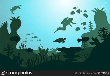 Wildlife Diver Fish Sea Ocean Underwater Aquatic Flat Illustration