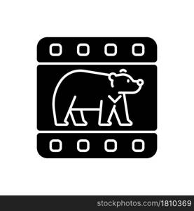 Wildlife documentary black glyph icon. Educational television series about animals. Streaming TV show about polar bear. Watch film. Silhouette symbol on white space. Vector isolated illustration. Wildlife documentary black glyph icon
