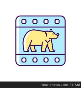 Wildlife documentary RGB color icon. Educational television series about animals. Streaming TV show about polar bear. Watch film. Isolated vector illustration. Simple filled line drawing. Wildlife documentary RGB color icon