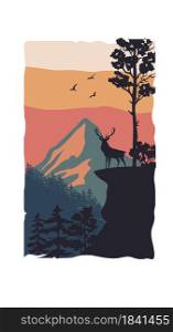 wildlife elk in forest with mountain landscape vector illustration, wildlife adventure elk in the wilderness