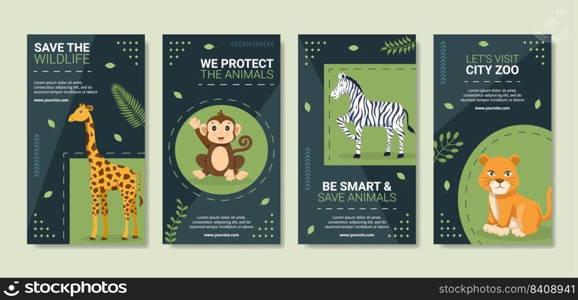 Wildlife Park Animals Social Media Stories Template Flat Cartoon Background Vector Illustration