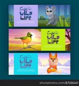 Wildlife posters with cute fox, bird, and mouse. Vector banners with cartoon illustration of funny wild animals on snow field, in summer forest and african savannah. Wildlife posters with cute fox, bird, and mouse