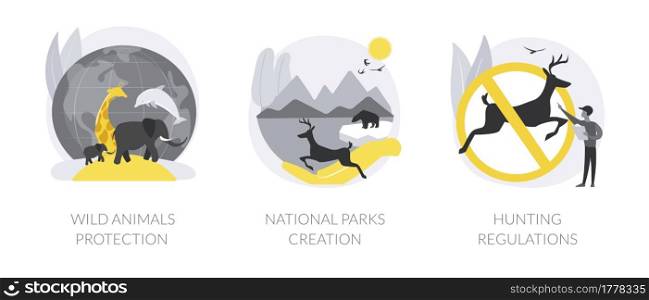 Wildlife preservation abstract concept vector illustration set. Wild animals protection, national parks creation, hunting regulations, hiking trail, shooting limit, ecosystem abstract metaphor.. Wildlife preservation abstract concept vector illustrations.