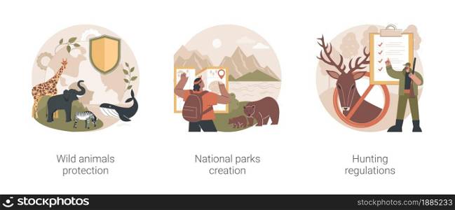 Wildlife preservation abstract concept vector illustration set. Wild animals protection, national parks creation, hunting regulations, hiking trail, shooting limit, ecosystem abstract metaphor.. Wildlife preservation abstract concept vector illustrations.