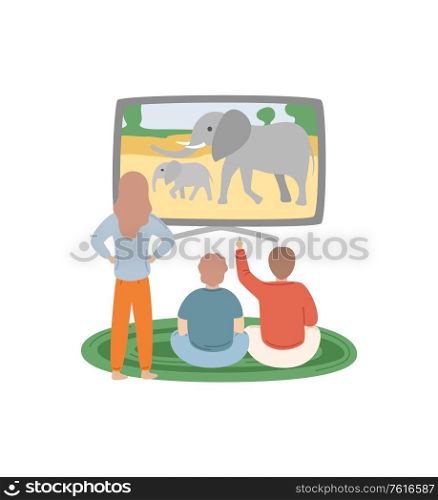 Wildlife represented on screen of tv vector, people watching channel, man sitting on carpet and woman standing by tv set, flat style leisure of friends. People Watching Discovery Channel Animals Vector