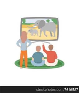 Wildlife represented on screen of tv vector, people watching channel, man sitting on carpet and woman standing by tv set, flat style leisure of friends. People Watching Discovery Channel Animals Vector