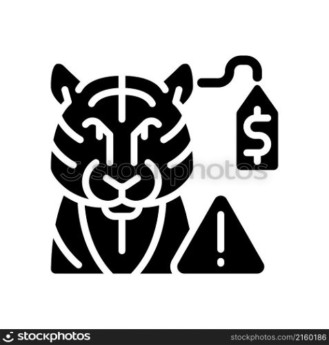 Wildlife smuggling black glyph icon. Rare animals trafficking. Environmental crime. Endangered species. Exotic pets selling. Silhouette symbol on white space. Vector isolated illustration. Wildlife smuggling black glyph icon