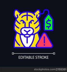 Wildlife smuggling RGB color icon for dark theme. Animals trafficking. Environmental crime. Simple filled line drawing on night mode background. Editable stroke. Pixel perfect. Arial font used. Wildlife smuggling RGB color icon for dark theme