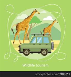 Wildlife Tourism. Jeep on the background of the mountains near the giraffes in the savanna. Icon of Traveling, Vacation. For web banners, marketing and promotional materials, presentation templates