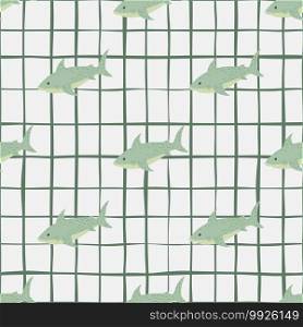 Wildlife water seamless animal pattern with green shark shapes. White chequered background. Decorative backdrop for fabric design, textile print, wrapping, cover. Vector illustration.. Wildlife water seamless animal pattern with green shark shapes. White chequered background.