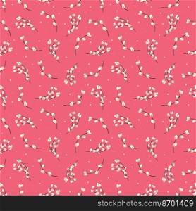 Willow seamless pattern. Easter pattern with willow twigs on a pink background. Design for paper, textile, scrapbooking, printing. Vector illustration.. Willow seamless pattern.Pattern with willow twigs 