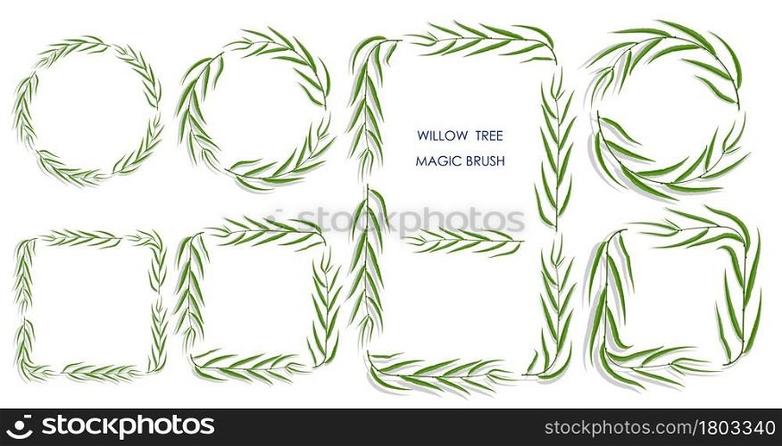 willow tree brush with green leaves. Realistic brush for decorating frames, invitation cards. Vector