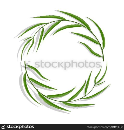 Willow tree frame with green leaves. Cartoon circle border for greeting card decorating, invitation cards. Colored vector isolated on white background