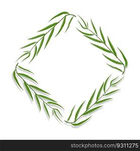 Willow tree frame with green leaves. Cartoon diamond shaped square border for greeting card decorating, invitation cards. Colored vector isolated on white background