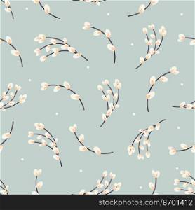  Willow twigs seamless background. Easter spring background with willow. Design for paper, textile, scrapbooking. Vector illustration.  Willow twigs pattern. Easter pattern with willow