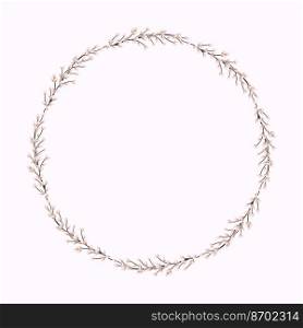 Willow wreath. Round frame made of willow twigs. Easter wreath made of willow stalks.Vector flat illustration isolated on a white background. Design for invitations, postcards, printing.. Willow wreath. Round frame made of willow twigs