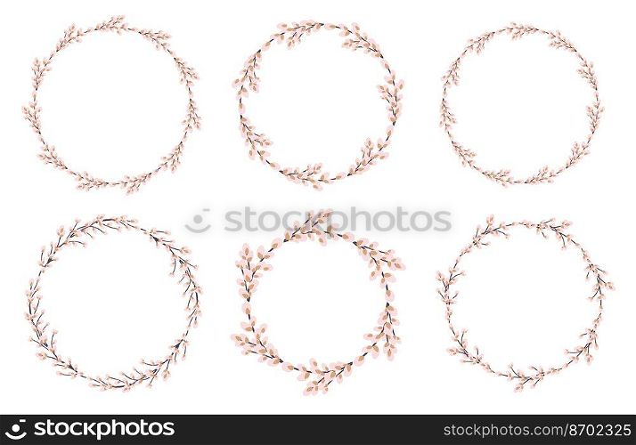  Willow wreath set. Easter round willow wreath.Vector flat illustration isolated on a white background. Design for Easter, invitations, postcards, printing.. Willow wreath set.Easter round willow wreath