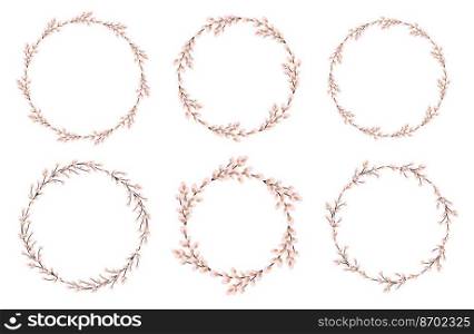  Willow wreath set. Easter round willow wreath.Vector flat illustration isolated on a white background. Design for Easter, invitations, postcards, printing.. Willow wreath set.Easter round willow wreath
