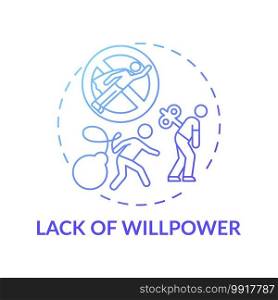 Willpower lacking concept icon. Procrastination reason idea thin line illustration. No motivation. Tired mind. Chronic muscle weakness. Impassiveness. Vector isolated outline RGB color drawing. Willpower lacking concept icon