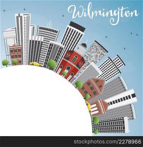 Wilmington Skyline with Gray Buildings, Blue Sky and Copy Space. Vector Illustration. Business Travel and Tourism Concept with Modern Architecture. Image for Presentation Banner Placard and Web Site.