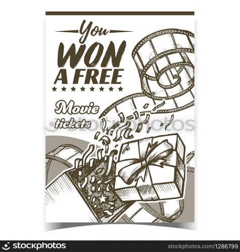 Win Free Movie Ticket Advertising Banner Vector. Opened Gift Box With Confetti Explosion And Movie Film Footage. Ornament Festive Ribbon Package Hand Drawn In Vintage Style Monochrome Illustration. Win Free Movie Ticket Advertising Banner Vector