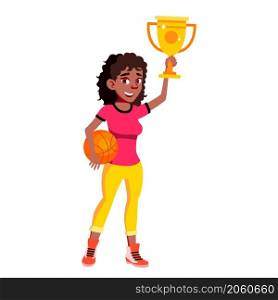 Win teen girl with trophy award. Female student excited. vector character flat cartoon. Win teen girl with trophy award vector