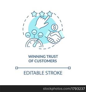 Win trust of customers blue concept icon. Client loyalty to company. Successful business. Startup launch abstract idea thin line illustration. Vector isolated outline color drawing. Editable stroke. Win trust of customers blue concept icon