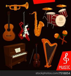 Wind and string musical instruments. Vector isolated music icons of saxophone, piano, harp, drums, maracas, guitar, violin trumpet. Wind and strings musical instruments