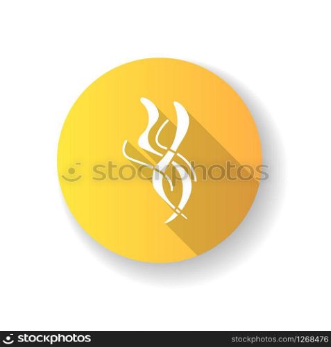 Wind blow yellow flat design long shadow glyph icon. Cold fresh air swirl. Good smell. Aromatic fragrance. Smoke puff, steam curls, breeze. Blowing windy spirals. Silhouette RGB color illustration