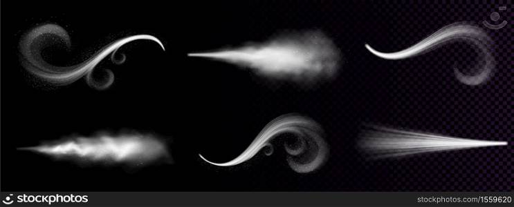 Wind blowing or dust spray, ornate white smoke, powder or water drops trail. Flow mist, smoky stream, steaming chemical or cosmetics product vapour, haze. Realistic 3d vector isolated clip art set. Wind blowing, dust spray, ornate white smoke trail