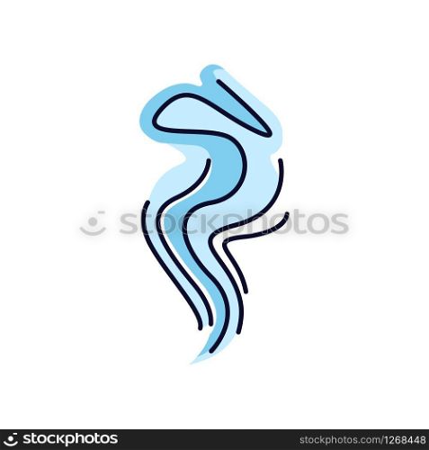 Wind blue RGB color icon. Cold fresh air swirl. Good smell, perfume scent. Aromatic fragrance flow. Smoke puff, steam curls, smog. Blowing wind spirals. Isolated vector illustration