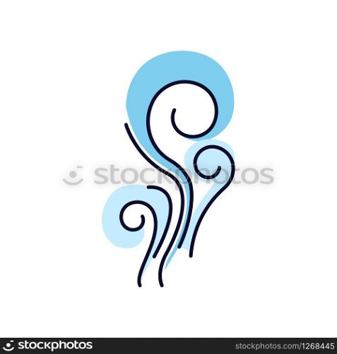 Wind blue RGB color icon. Fresh air swirl. Good smell, perfume scent. Aromatic fragrance flow. Smoke puff, steam curls, evaporation. Blowing wind spirals. Isolated vector illustration