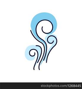 Wind blue RGB color icon. Fresh air swirl. Good smell, perfume scent. Aromatic fragrance flow. Smoke puff, steam curls, evaporation. Blowing wind spirals. Isolated vector illustration