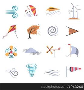 Wind Color Flat Icons. Set of color flat icons depicting different objects that make or use wind with white background vector illustration