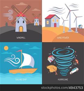 Wind Energy Flat Concept. Color flat composition 2x2 depicting wind power windmill hurricane sailing ship vector illustration