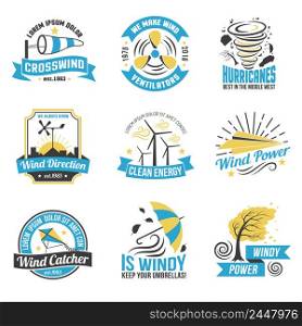 Wind energy production emblems set with windmills and natural sources of green power abstract isolated vector illustration . Wind Energy Power Flat Emblems Collection